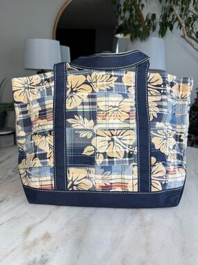LL Bean Boat Tote Canvas Bag Madras Plaid Blue Hawaiian Floral Medium